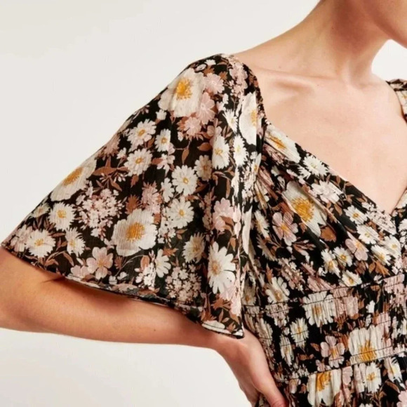 Abercrombie & Fitch Angel Sleeve Smocked Waist Mini Dress Brown Floral Sz Small - Picture 4 of 10